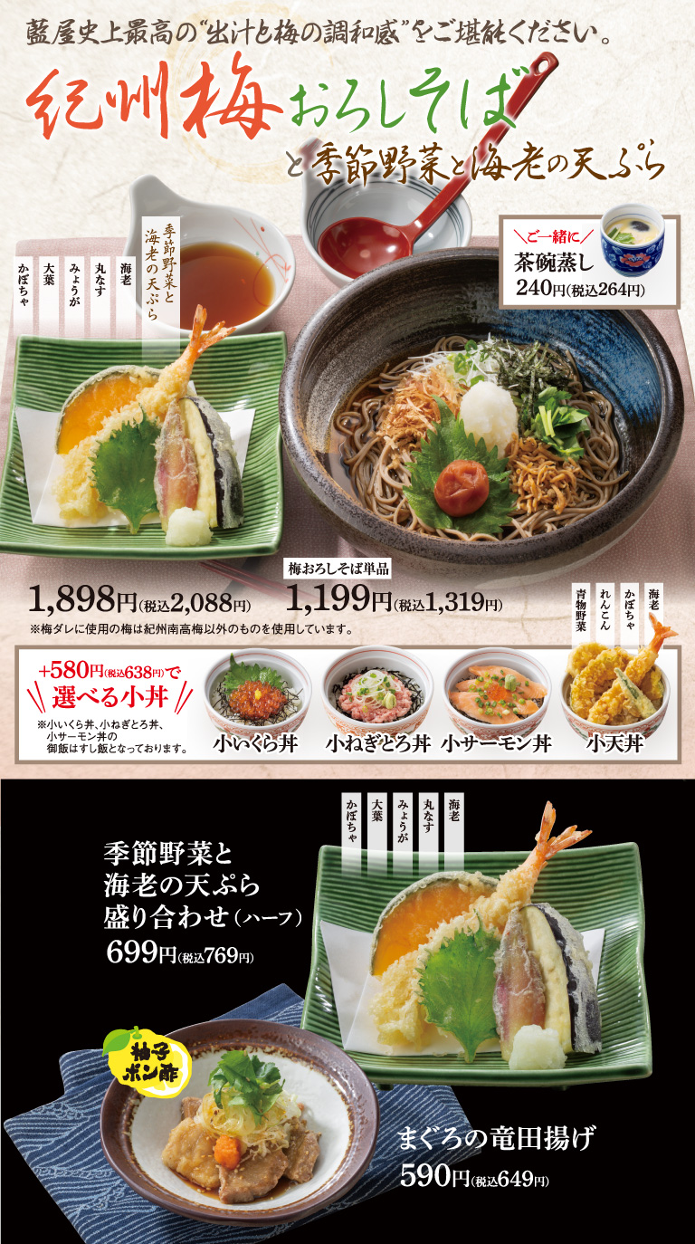 紀州梅おろしそばと季節野菜と海老の天ぷら　季節野菜と海老の天ぷら盛り合わせ　まぐろの竜田揚げ