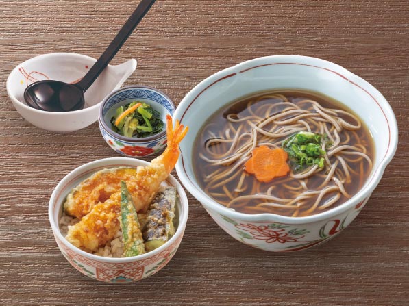 Warm Soba Noodles and Small-size tempura rice bowl or Small-size
