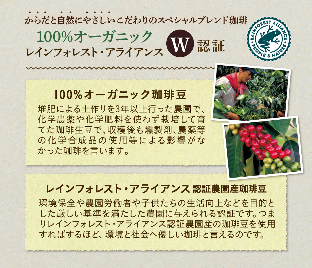 100％オーガニックレインフォレスト・アライアンスW認証