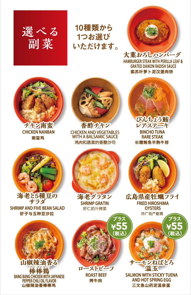 選べる副菜　大葉おろしハンバーグ・チキン南蛮・香酢チキン・びんちょう鮪レアステーキ・海老と5種豆のサラダ・海老グラタン・広島県産牡蠣フライ・山椒辣油香る棒棒鶏・ローストビーフ・サーモンねばとろ温玉