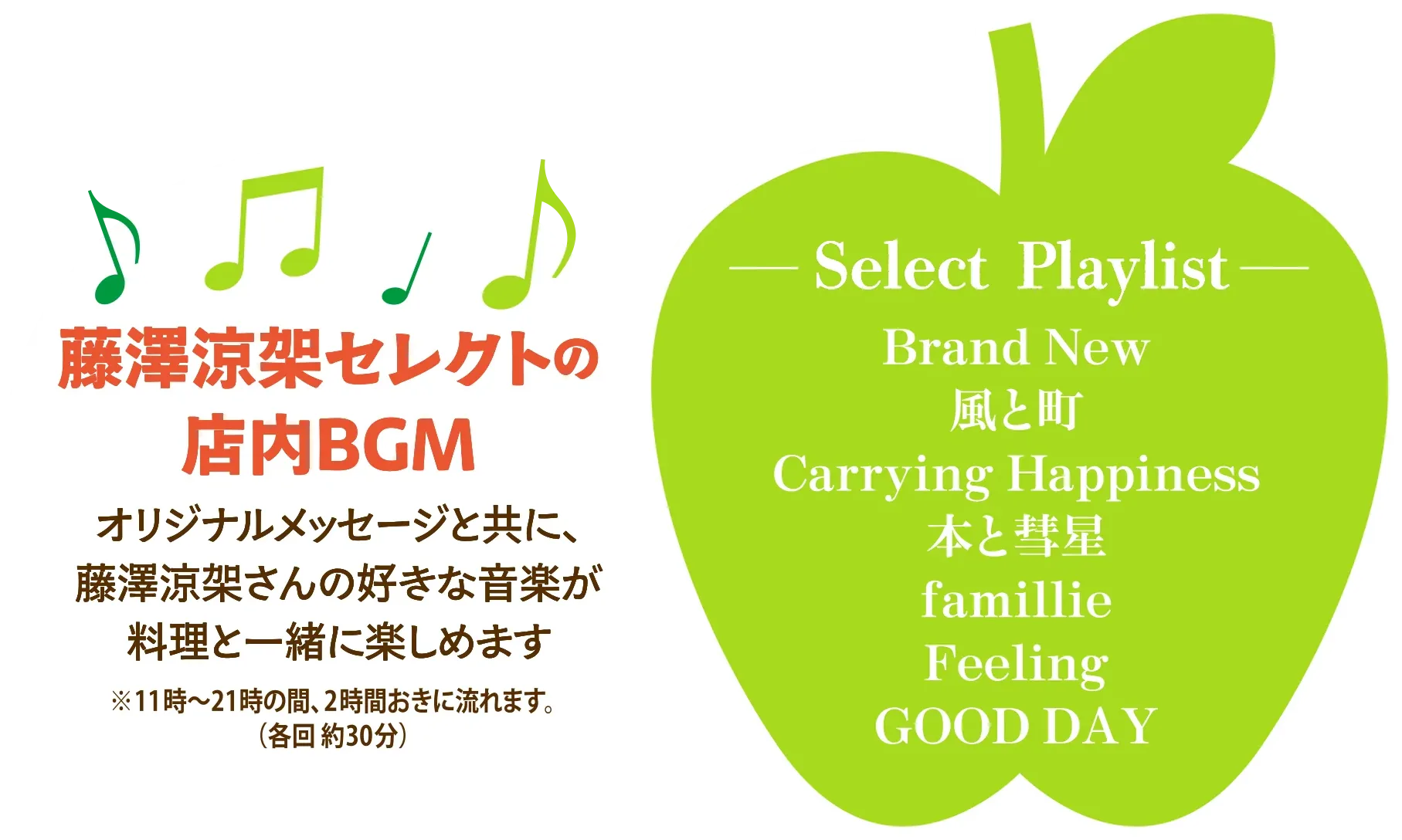 藤澤涼架セレクトの店内BGM オリジナルメッセージと共に、藤澤涼架さんの好きな音楽が料理と一緒に楽しめます ※11時〜21時の間、2時間おきに流れます。（各回 約30分） Select Playlist Brand New 風と町 Carrying Happiness 本と彗星 familie Feeling GOOD DAY
