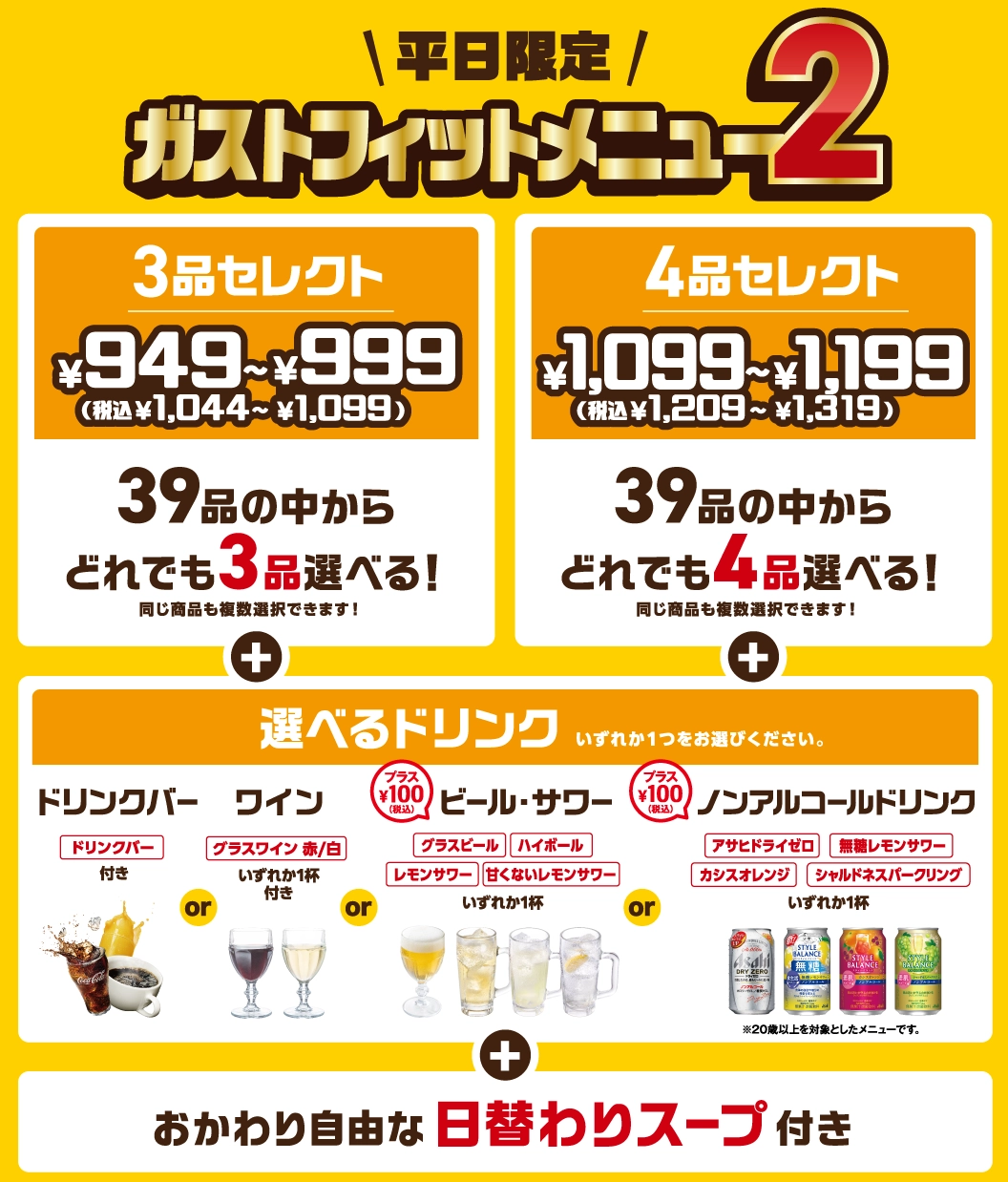 平日限定 ガストフィットメニュー2。39品の中からどれでも3品選べる「3品セレクト」949円〜999円（税込1,044円〜1,099円）、4品選べる「4品セレクト」1,099円〜1,199円（税込1,209円〜1,319円）。選べるドリンク（ドリンクバー、ワイン、プラス100円(税込)でビール・サワー、ノンアルコールから1杯）と、おかわり自由な日替わりスープ付き。