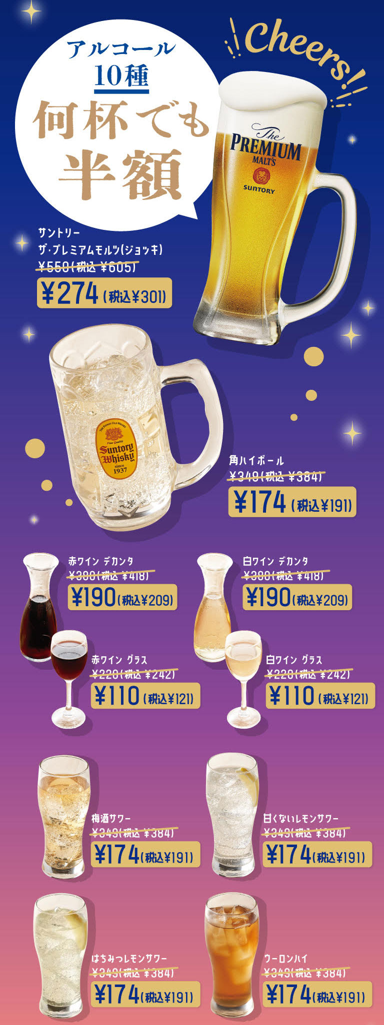 アルコール10種何杯でも半額。サントリー ザ・プレミアム・モルツ（ジョッキ）274円（税込301円）、角ハイボール174円（税込191円）、赤ワイン・白ワイン デカンタ各190円（税込209円）、赤ワイン・白ワイン グラス各110円（税込121円）、梅酒サワー、甘くないレモンサワー、はちみつレモンサワー、ウーロンハイ各175円（税込191円）。