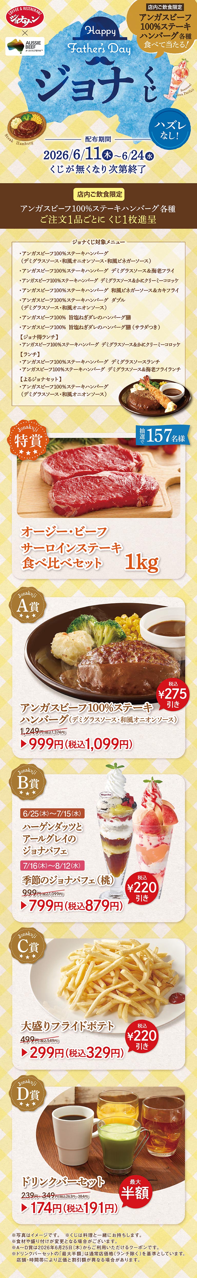 ジョナサン Happy Father's Day ジョナくじ。配布期間2026年6月11日（木）から6月24日（水）まで、ハズレなし。店内ご飲食限定でアンガスビーフ100%ステーキハンバーグ各種をご注文1品ごとにくじ1枚進呈。特賞：オージー・ビーフ サーロインステーキ食べ比べセット1kg（抽選で157名様）。A賞：アンガスビーフ100%ステーキハンバーグ（デミグラスソース・和風オニオンソース）999円（税込1,099円）。B賞：ハーゲンダッツとアールグレイのジョナパフェまたは季節のジョナパフェ（桃）799円（税込879円）。C賞：大盛りフライドポテト 299円（税込329円）。D賞：ドリンクバーセット 174円（税込191円）。