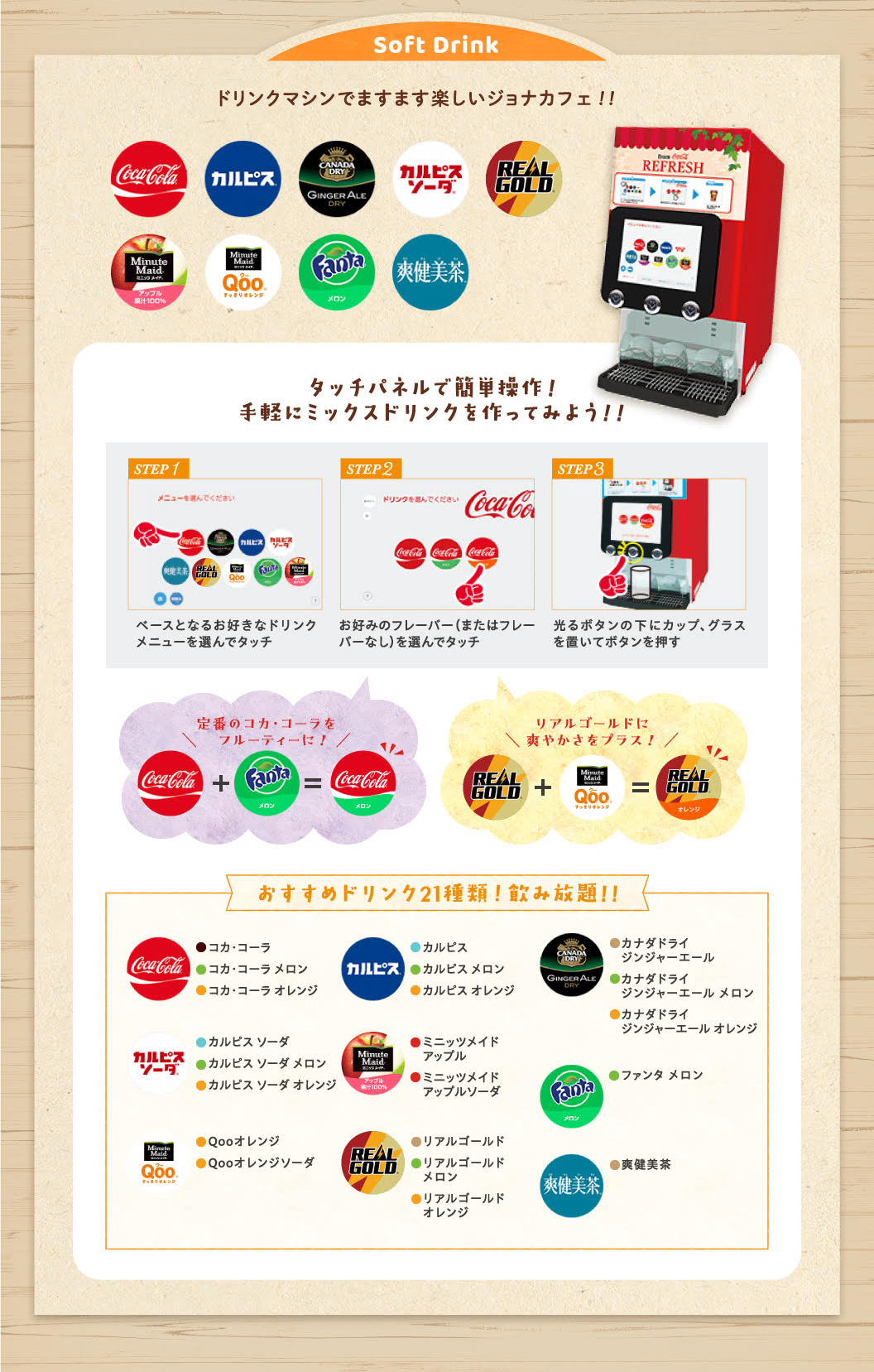 Soft Drink ドリンクマシンでますます楽しいジョナカフェ！！ Coca-Cola カルピス CANADA DRY GINGER ALE カルピスソーダ REAL GOLD REFRESH Minute Maid ミニッツメイド アップル 果汁100% Minute Maid Qoo すっきりオレンジ Fanta メロン 爽健美茶 タッチパネルで簡単操作！手軽にミックスドリンクを作ってみよう！！ STEP 1 メニューを選んでください ベースとなるお好きなドリンクメニューを選んでタッチ STEP 2 ドリンクを選んでください お好みのフレーバー（またはフレーバーなし）を選んでタッチ STEP 3 光るボタンの下にカップ、グラスを置いてボタンを押す 定番のコカ・コーラをフルーティーに！ Coca-Cola + Fanta メロン = Coca-Cola メロン リアルゴールドに爽やかさをプラス！ REAL GOLD + Minute Maid Qoo すっきりオレンジ = REAL GOLD オレンジ おすすめドリンク21種類！飲み放題！！ Coca-Cola ●コカ・コーラ ●コカ・コーラ メロン ●コカ・コーラ オレンジ カルピス ●カルピス ●カルピス メロン ●カルピス オレンジ CANADA DRY GINGER ALE ●カナダドライ ジンジャーエール ●カナダドライ ジンジャーエール メロン ●カナダドライ ジンジャーエール オレンジ カルピスソーダ ●カルピス ソーダ ●カルピス ソーダ メロン ●カルピス ソーダ オレンジ Minute Maid アップル 果汁100% ●ミニッツメイド アップル ●ミニッツメイド アップルソーダ Fanta メロン ●ファンタ メロン Minute Maid Qoo すっきりオレンジ ●Qooオレンジ ●Qooオレンジソーダ REAL GOLD ●リアルゴールド ●リアルゴールド メロン ●リアルゴールド オレンジ 爽健美茶 ●爽健美茶