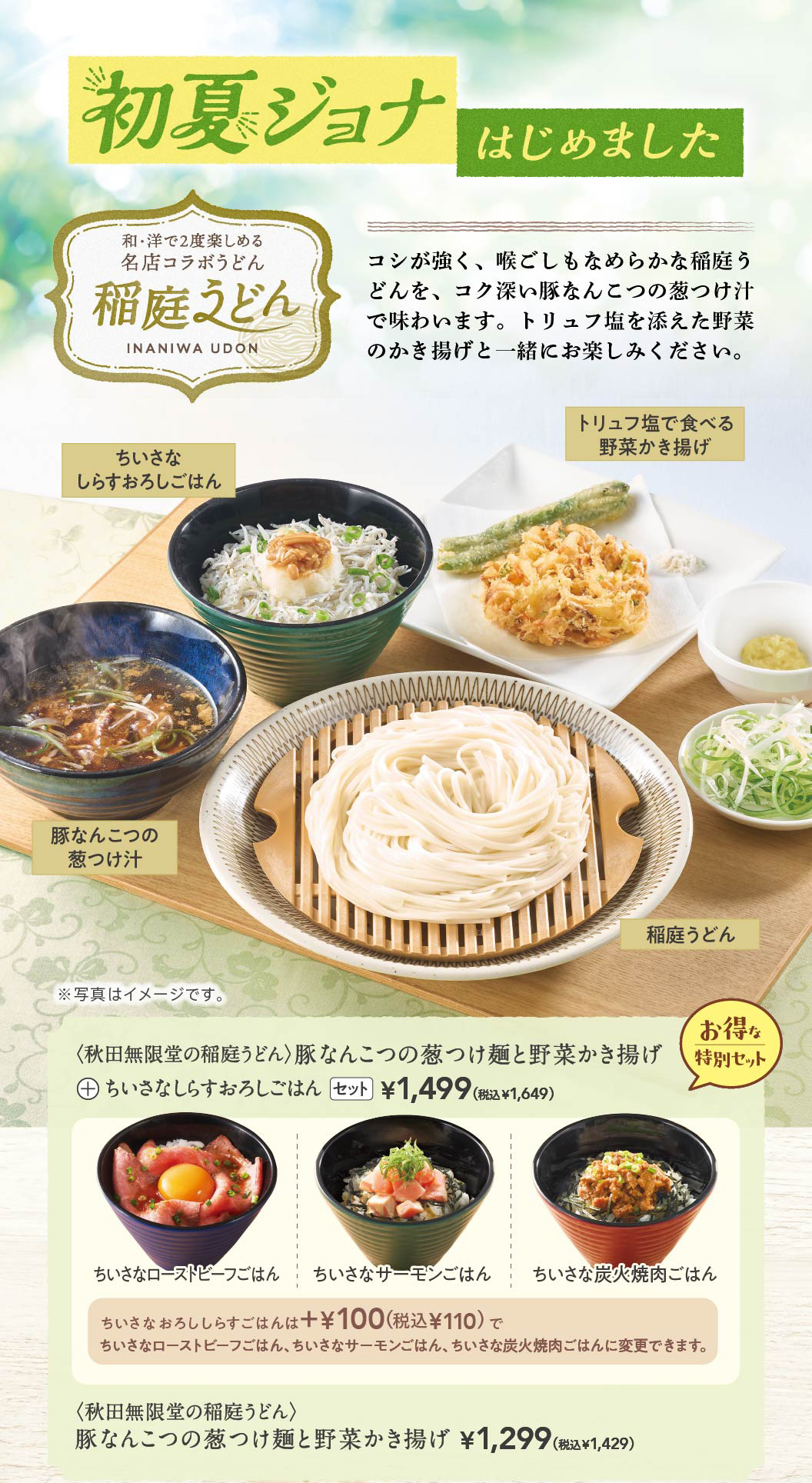 初夏ジョナはじめました　、秋田無限堂の稲庭うどん＞豚なんこつの葱つけ麺と野菜かき揚げ　ちいさなしらすおろしごはん