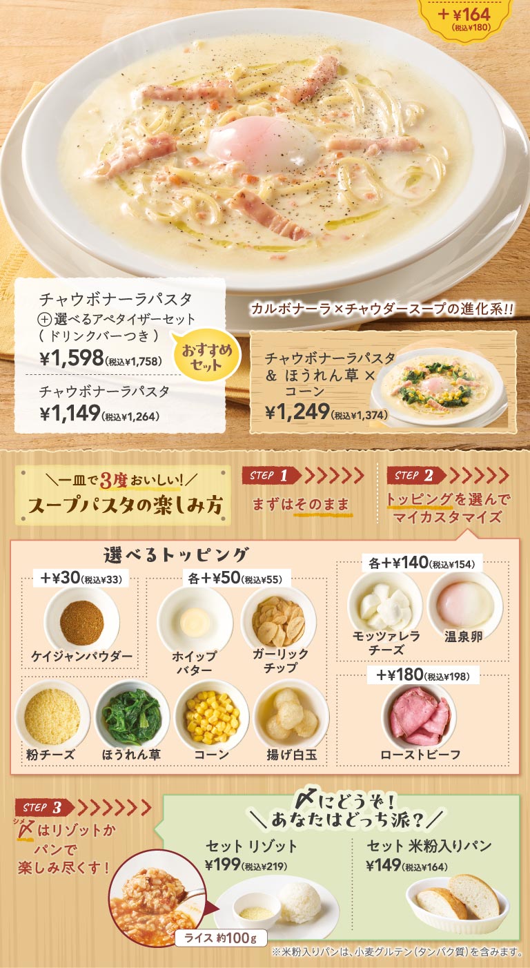 如何享受面湯。Chaubonara義大利面1,149日元 (含稅1,264日元)，可選擇開胃菜套餐 (附飲料吧) 1,598日元 (含稅1,758日元) 。頂部是Kayjan粉末30日元 (含稅33日元)，生忌廉和蒜片等50日元 (含稅55日元)，馬蘇裡拉乳酪和溫泉雞蛋等140日元 (含稅154日元)，烤牛肉180日元 (含稅198日元) 可以選擇。還準備了收尾的義大利燉飯199日元 (含稅219日元) 和加入米粉的面包149日元 (含稅164日元) 。