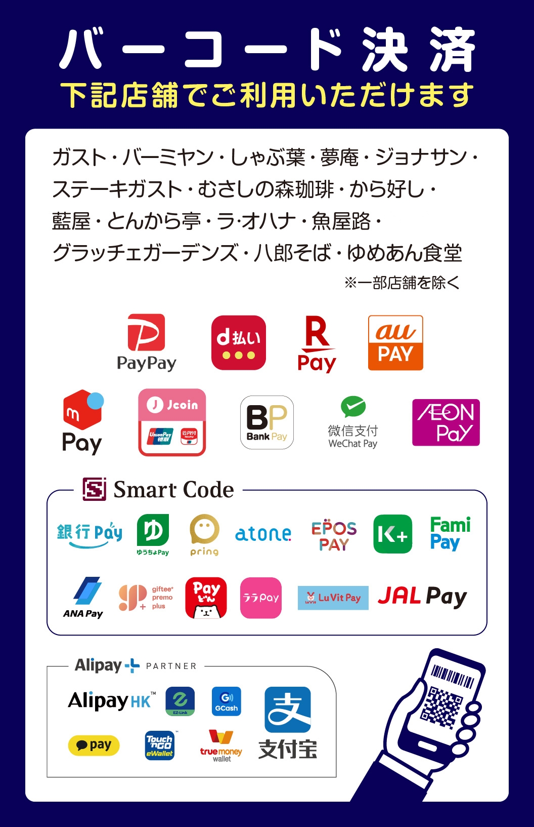 店舗限定で、バーコード決済をご利用いただけます。