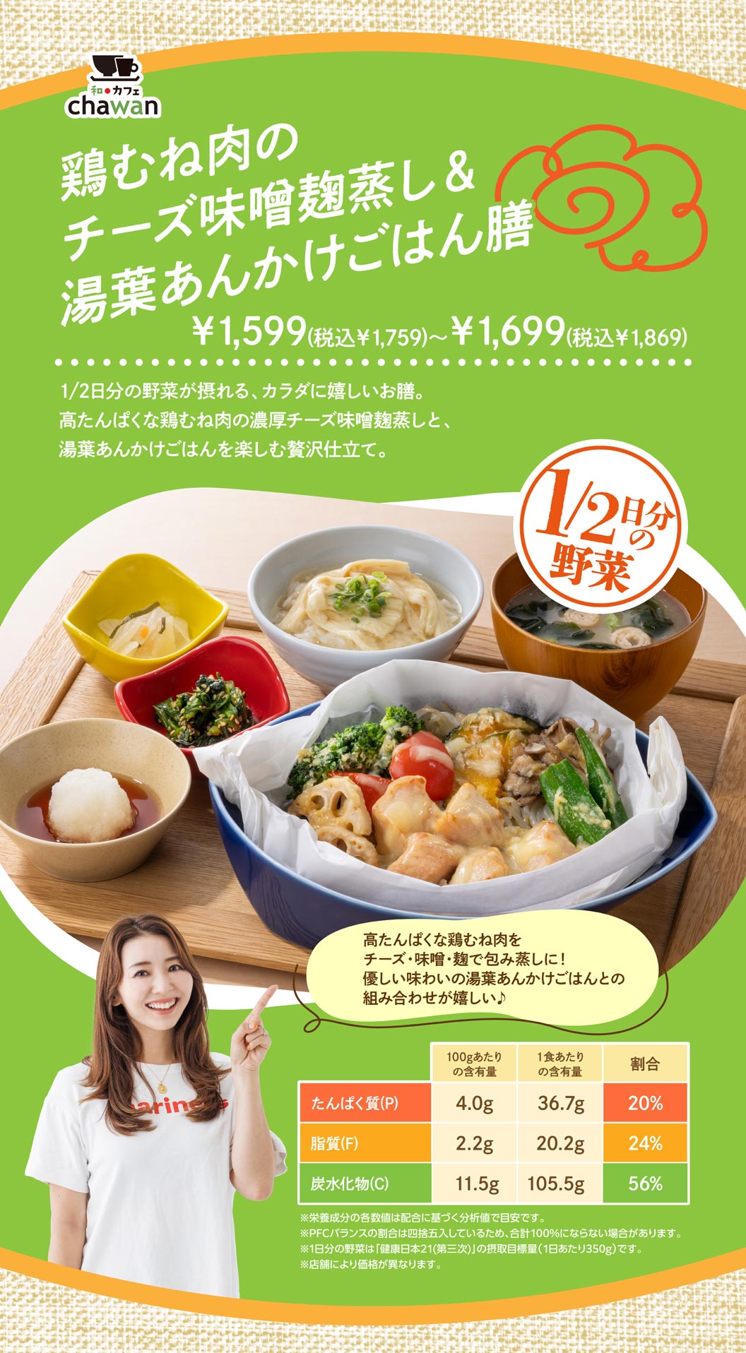 chawan。起司味噌曲蒸雞胸肉配腐皮醬米飯套餐 ¥1,599（含稅¥1,759）-¥1,699（含稅¥1,869）。健康美味，包含半日所需蔬菜。這道奢華料理選用濃鬱的起司味噌曲蒸雞胸肉，搭配腐皮醬米飯，營養豐富，滿足半日所需蔬菜。高蛋白雞胸肉裹上起司、味噌和曲，蒸煮而成！與清香的腐皮醬米飯完美融合♪ [營養成分錶] 蛋白質 (P)：每100克4.0克，每份36.7克，佔總攝取量的20%。脂肪 (F)：每100克2.2克，每份20.2公克，佔總攝取量的24%。碳水化合物（C）：每100克含11.5克，每份含105.5克，佔56%。 *營養成分錶資料為近似值，基於成分分析得出。 *全脂碳水化合物（PFC）平衡百分比已四捨五入，因此總和可能不等於100%。 *每日蔬菜攝取量為「健康日本21（第三階段）」設定的目標攝取量（每日350公克）。 *價格可能因商店而異。