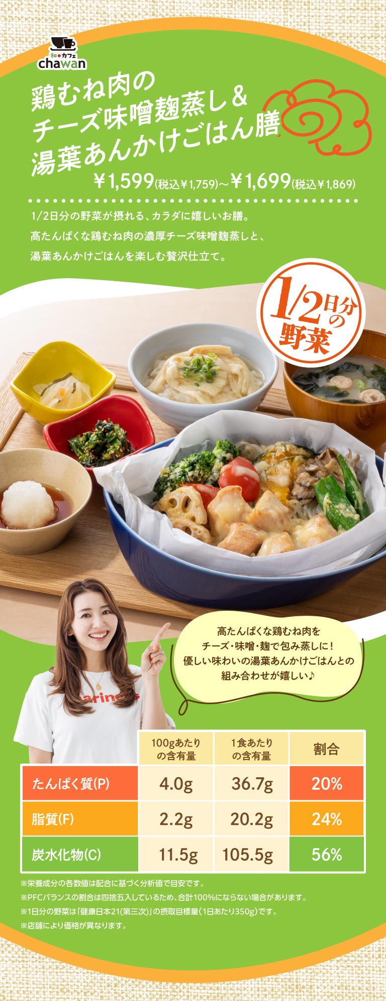 chawan。起司味噌曲蒸雞胸肉配腐皮醬米飯套餐 ¥1,599（含稅¥1,759）-¥1,699（含稅¥1,869）。健康美味，包含半日所需蔬菜。這道奢華料理選用濃鬱的起司味噌曲蒸雞胸肉，搭配腐皮醬米飯，營養豐富，滿足半日所需蔬菜。高蛋白雞胸肉裹上起司、味噌和曲，蒸煮而成！與清香的腐皮醬米飯完美融合♪ [營養成分錶] 蛋白質 (P)：每100克4.0克，每份36.7克，佔總攝取量的20%。脂肪 (F)：每100克2.2克，每份20.2公克，佔總攝取量的24%。碳水化合物（C）：每100克含11.5克，每份含105.5克，佔56%。 *營養成分錶資料為近似值，基於成分分析得出。 *全脂碳水化合物（PFC）平衡百分比已四捨五入，因此總和可能不等於100%。 *每日蔬菜攝取量為「健康日本21（第三階段）」設定的目標攝取量（每日350公克）。 *價格可能因商店而異。