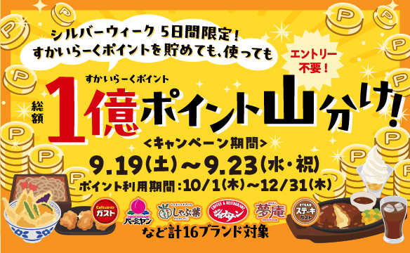 Skylark（すかいらーく）Points Giveaway Campaign: A total of 100 million points to be shared among participants.
