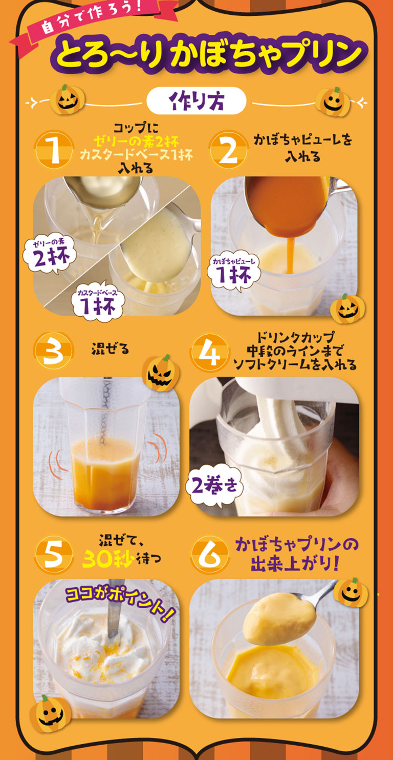 自分で作ろう！とろ〜りかぼちゃプリン 作り方 1 コップにゼリーの素2杯カスタードベース1杯入れる 2 かぼちゃピューレを1杯入れる 3 混ぜる 4 ドリンクカップ中段のラインまでソフトクリームを2巻き入れる 5 混ぜて、30秒待つ ココがポイント！ 6 かぼちゃプリンの出来上がり！