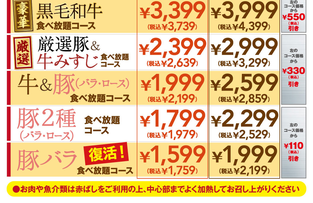 豪華 黒毛和牛食べ放題コース ￥3,399（税込￥3,739）/ ￥3,999（税込￥4,399）左のコース価格から￥550（税込）引き 厳選 厳選豚＆牛みすじ食べ放題コース ￥2,399（税込￥2,639）/ ￥2,999（税込￥3,299）左のコース価格から￥330（税込）引き 牛＆豚(バラ・ロース)食べ放題コース ￥1,999（税込￥2,199）/ ￥2,599（税込￥2,859）左のコース価格から￥330（税込）引き 豚2種(バラ・ロース)食べ放題コース ￥1,799（税込￥1,979）/ ￥2,299（税込￥2,529）左のコース価格から￥110（税込）引き 豚バラ復活！食べ放題コース ￥1,599（税込￥1,759）/ ￥1,999（税込￥2,199）左のコース価格から￥110（税込）引き ●お肉や魚介類は赤ばしをご利用の上、中心部までよく加熱してお召し上がりください