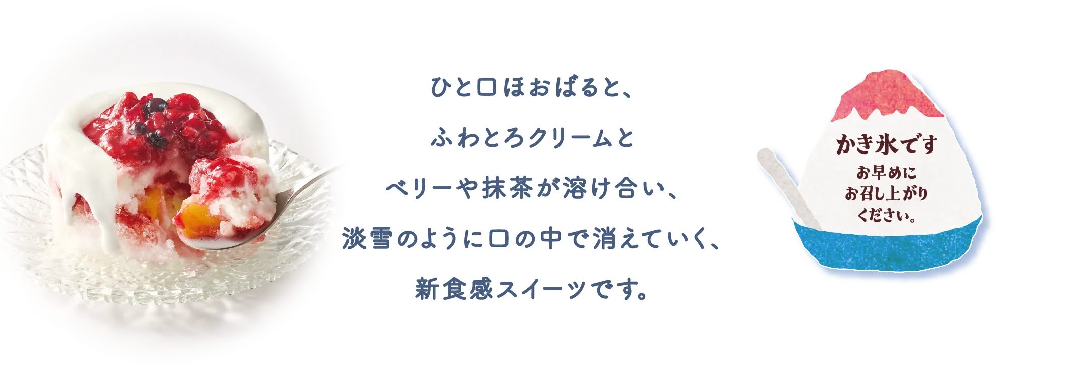 ひと口ほおばると、ふわとろクリームとベリーや抹茶が溶け合い、淡雪のように口の中で消えていく、新食感スイーツです。