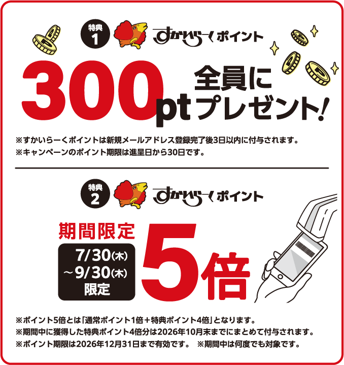 特典1:300pt全員にプレゼント！ 特典2:期間限定5倍付与