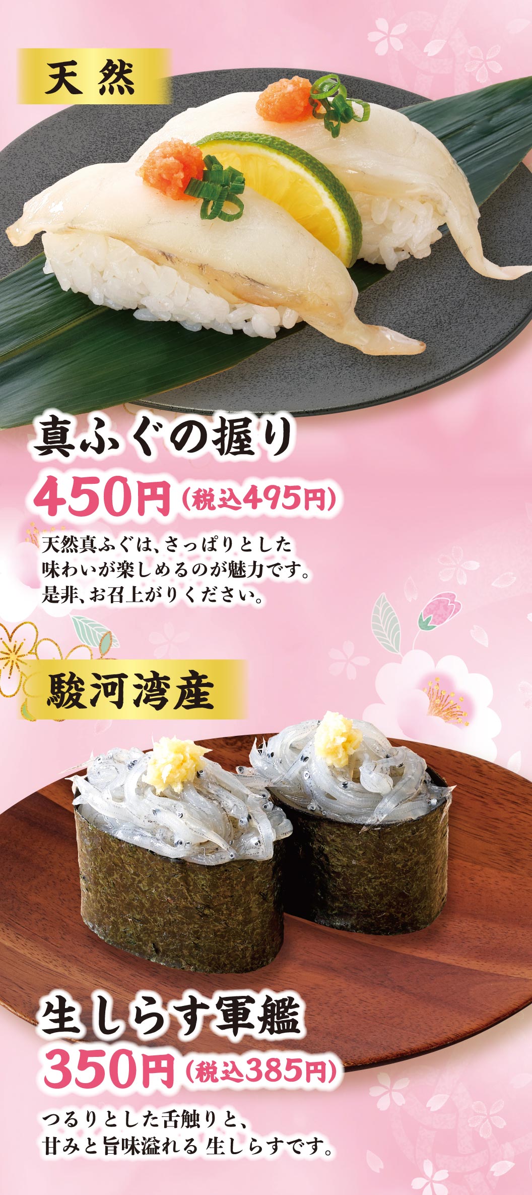 天然真ふぐの握り、駿河湾産生しらす軍艦