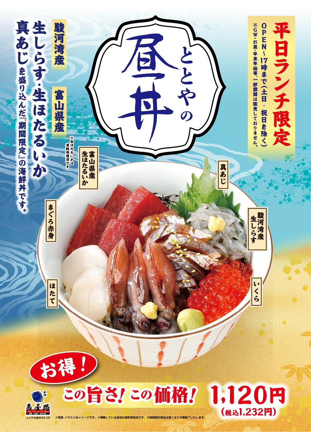 鱼屋路（魚屋路），仅限工作日午餐时段，营业至下午5点（周六、周日及节假日除外）。Totoya午餐盖饭。限时供应的海鲜盖饭选用骏河湾新鲜银鱼、富山县新鲜萤火鱿和竹荚鱼。（食材：富山县新鲜萤火鱿、竹荚鱼、骏河湾新鲜银鱼、鲑鱼籽、扇贝、瘦金枪鱼）。物超所值！美味可口！价格实惠！1120日元（含税1232日元）。