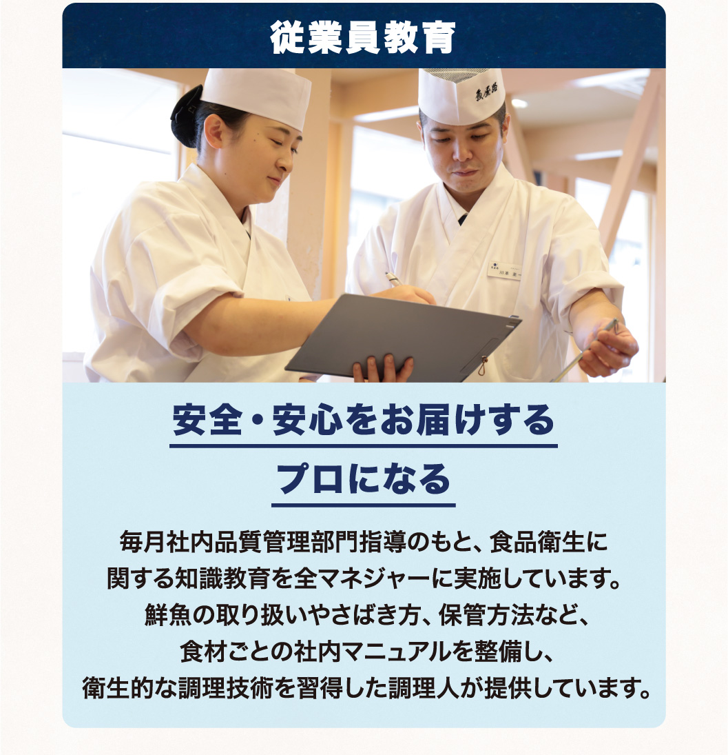 従業員教育 安全・安心をお届けするプロになる 毎月社内品質管理部門指導のもと、食品衛生に関する知識教育を全マネジャーに実施しています。鮮魚の取り扱いやさばき方、保管方法など、食材ごとの社内マニュアルを整備し、衛生的な調理技術を習得した調理人が提供しています。