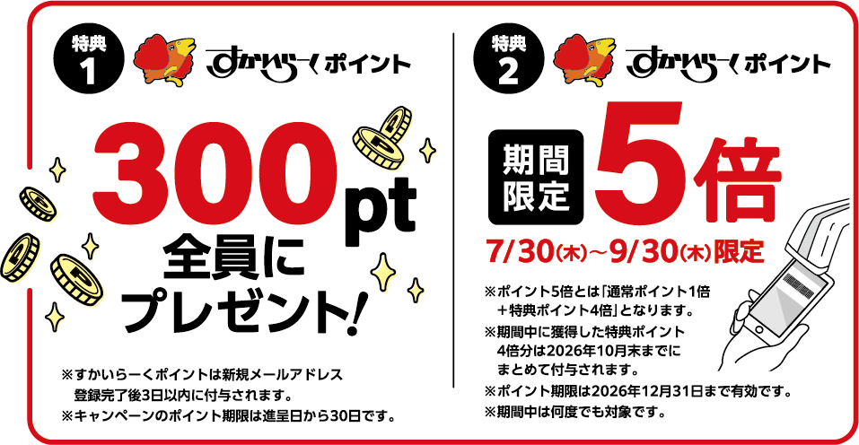 特典1:300pt全員にプレゼント！ 特典2:期間限定5倍付与