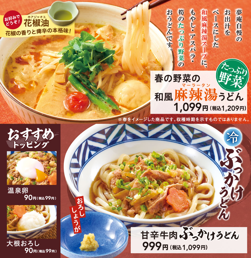 春の野菜の和風麻辣湯うどん　甘辛牛肉ぶっかけうどん