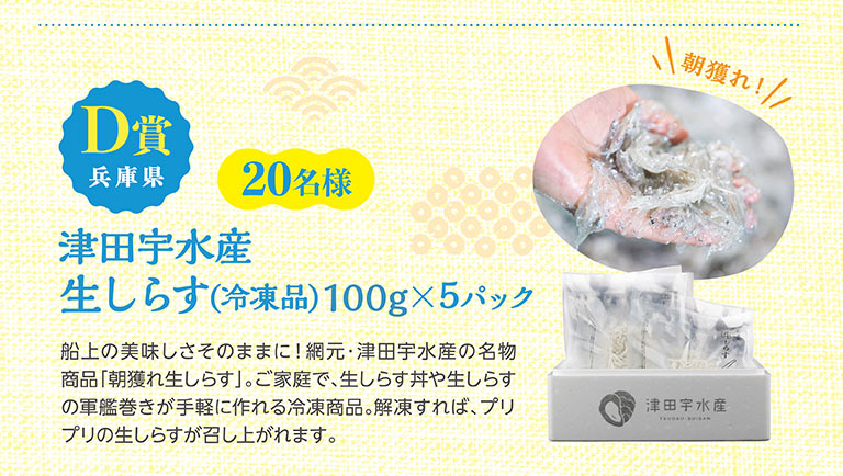 D賞 兵庫県 20名様 津田宇水産 朝獲れ！生しらす(冷凍品)100g×5パック。