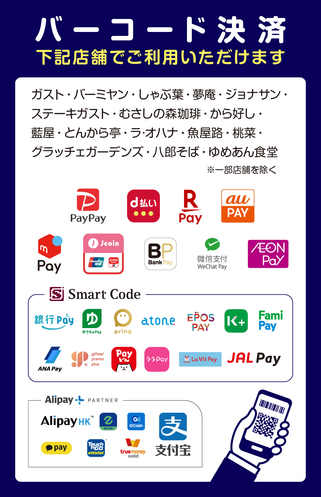 店舗限定で、バーコード決済をご利用いただけます。
